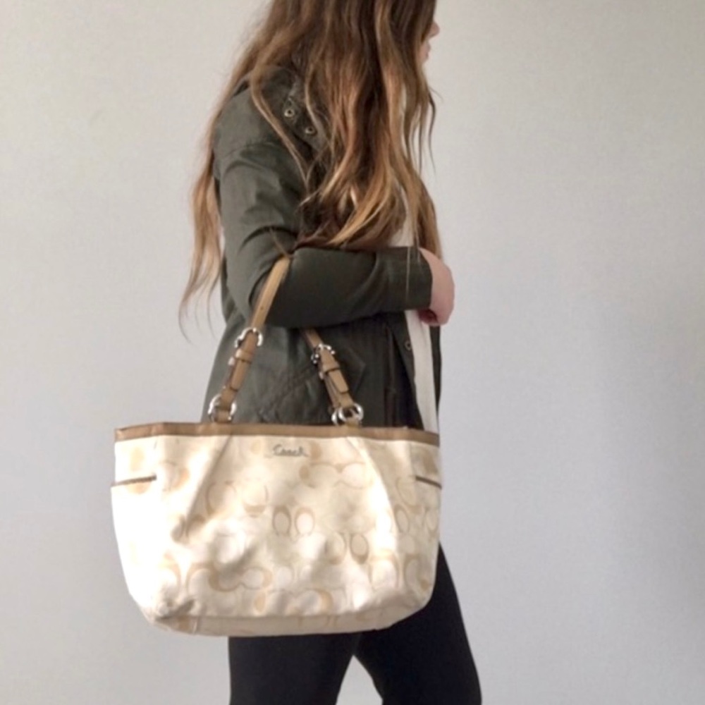 Coach Cream Signature Canvas Tote with Tan Trim